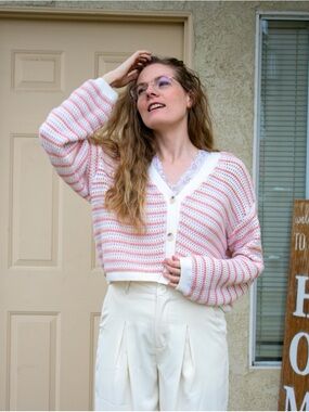 White and Coral Striped Cropped Button Knit Cardigan
